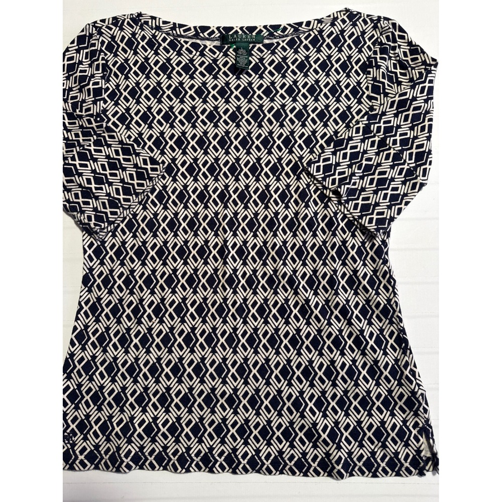 Lauren Ralph Lauren Navy Cream Geometric Diamond Boat Neck 3/4 Sleeve Top Large